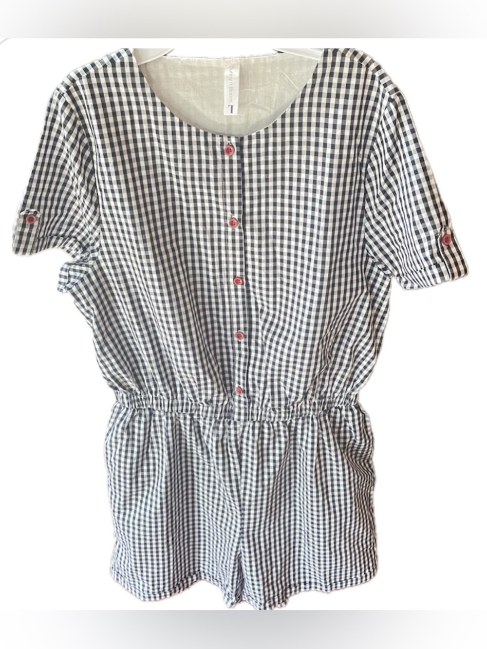 Checked Black and White Short-Sleeve Romper with Red Button Accents. NWNT